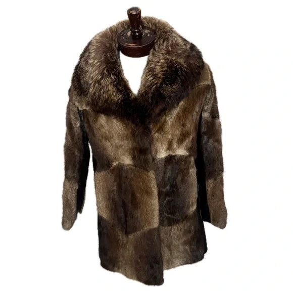 Vintage Mandel's Raccoon Fur Patchwork Leather Pea Coat Women's Size L- XL Brown - Picture 2 of 12
